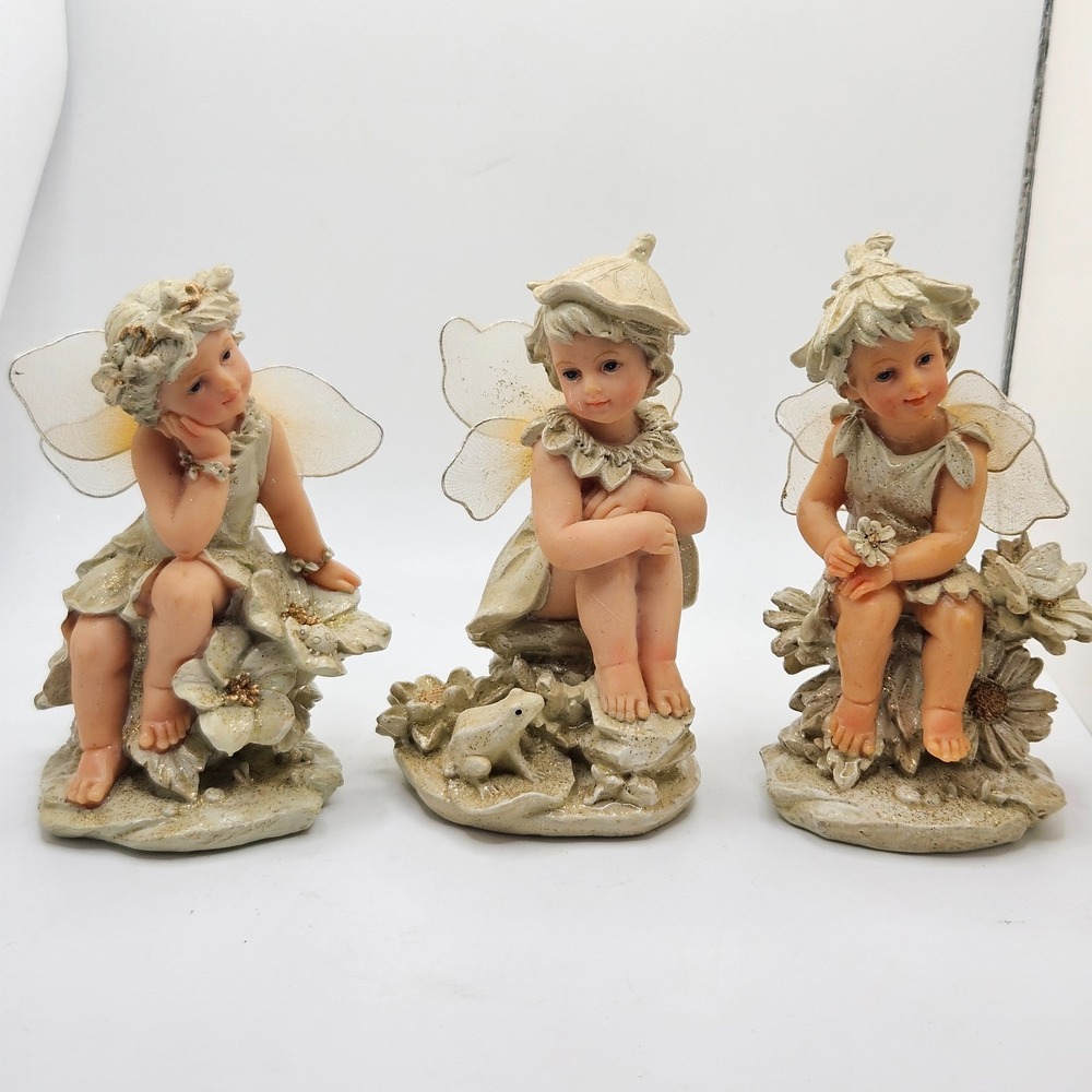 Vintage Set of 3 Fairy‎ Pixie Figurines Resin Glitter Floral Garden Shelf Decor